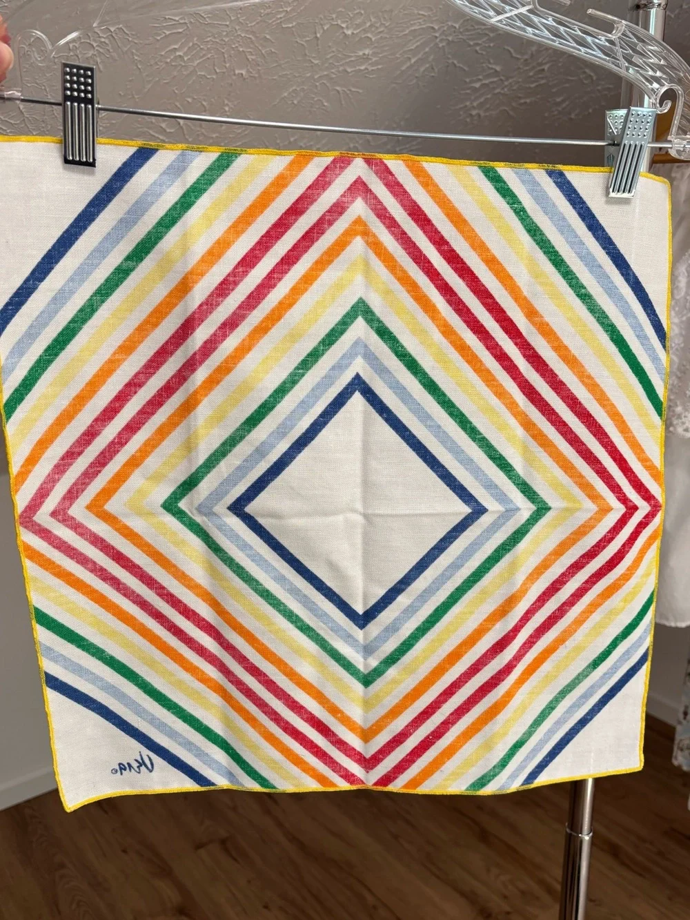 Vintage Vera Neumann linen tea towel, rainbow diamond stripes. 1960s